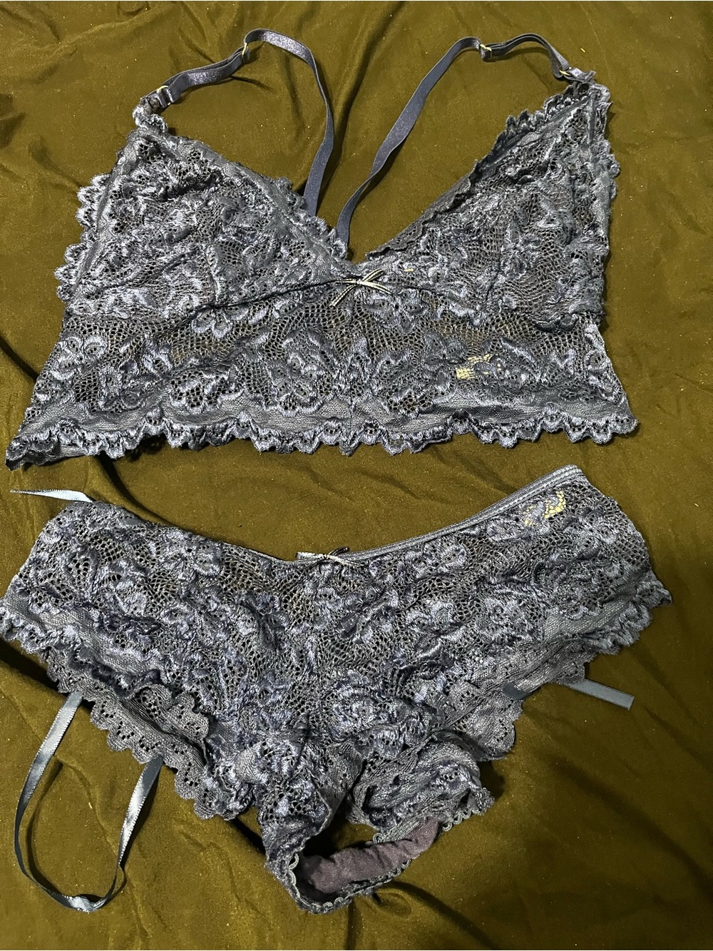 Lace Bralette & Lace Boyshort Set - blue